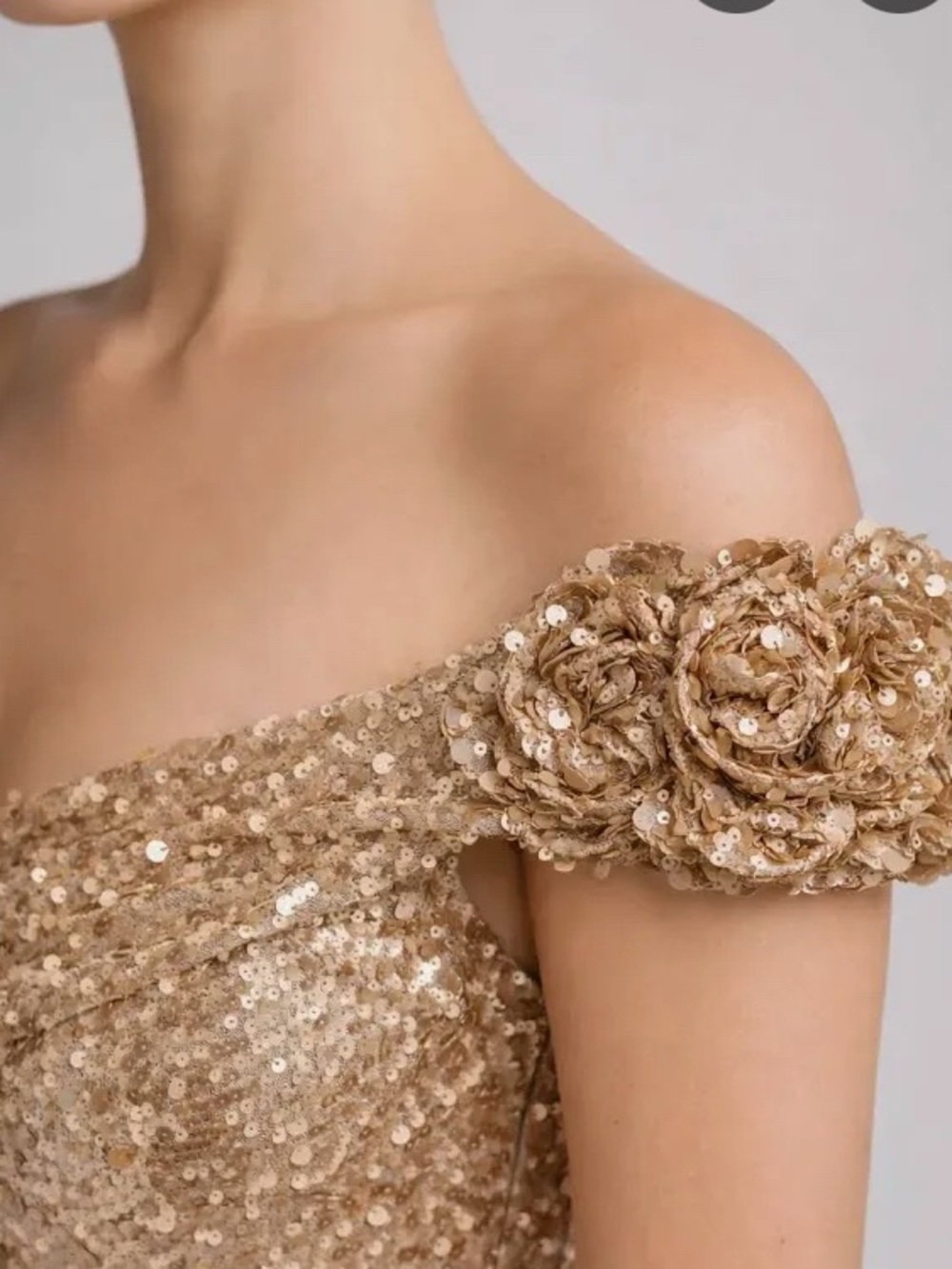 Rene Ruiz Gold Sequin Off-Shoulder Floral Applique Dress